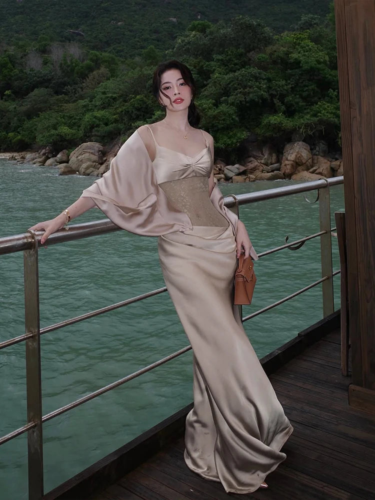 Supendency Maxi Dress Silk Embroidery Lace Low Neck Bodycon Banquet