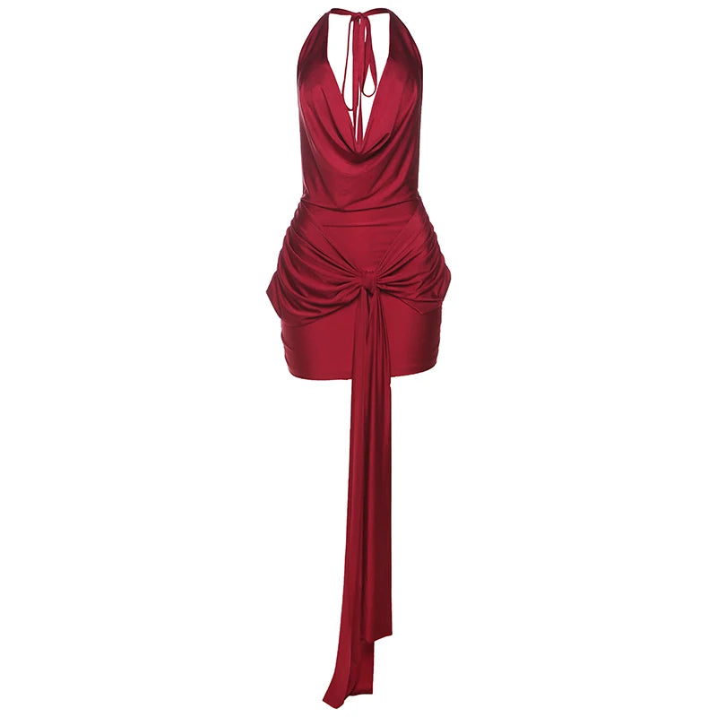 Ruched Belt Ribbon Dress Deep V-Neck Backless Sleeveless Lace-up Halter
