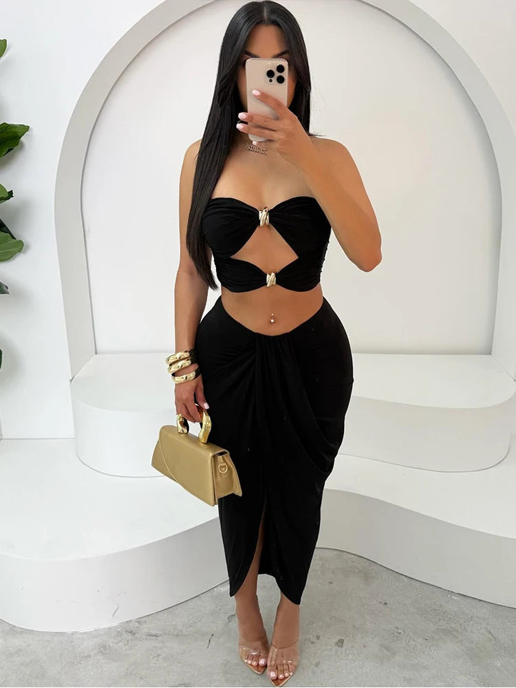 Shirring Matching 2 Piece Set Hollow Cleavage Mini Tank Split Maxi Skirt
