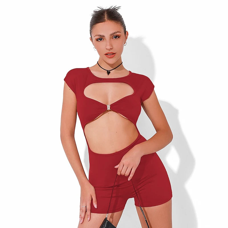 Tight Skeleton Hollow Out Backless Hanging Neck Tie Playuit Sporty Yoga Pant Hip Lift One-Piece Short