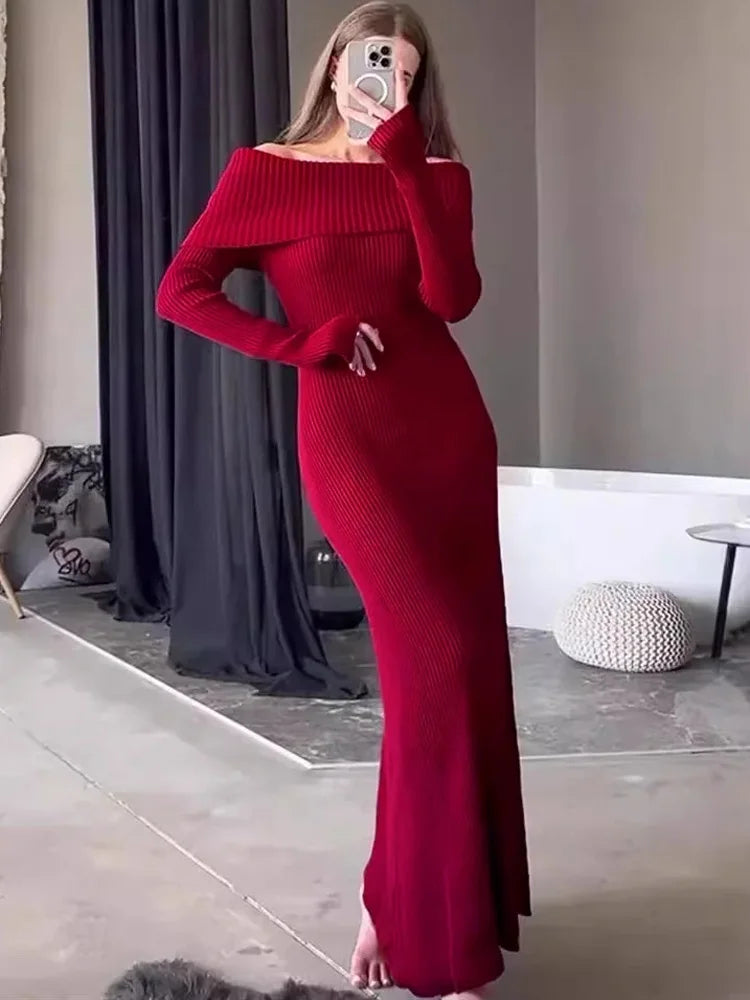Knit Long Dress Off-Shoulder Ribbed Loose High Waist Dress Ladies Knit Maxi Dress