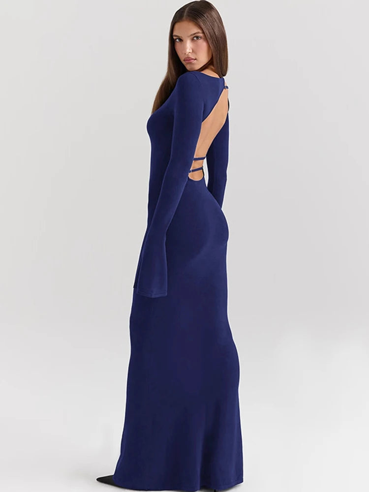 Irregular Hollow Dress o-Neck Flare Sleeve Stretch Robe Simple Long Bodycon