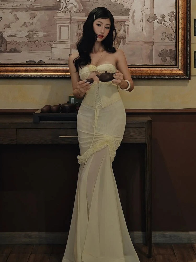 Patchwork Mesh Maxi Dress Shirring Fishtail Ruffles Hollow Bandage Banquet