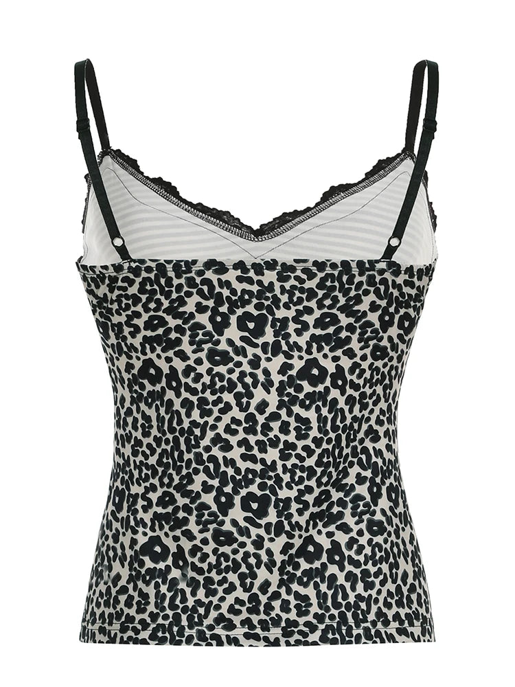 Striped Leopard Print Slim Camisole V-Neck Backless Top Lace Patchwork Retro Bow Vest