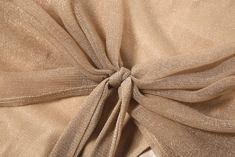 Bright Silk Dress Hollow Sleeveless Ruched Cross Knot Slits Robe Long Bodycon