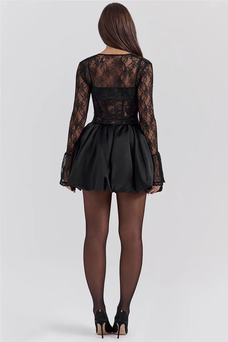 Black Lace Puffball Mini Dress Lace-up Sheer Long Flare Sleeve High Waist Dress