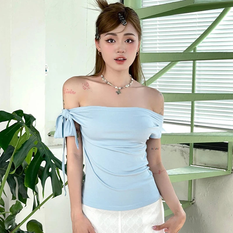 In Shrink Pleat One-Shoulder Crop Top Backless Twit Tie Aymmetric T-Shirt Top