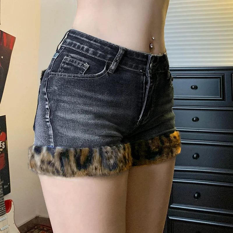 Low Waisted Button Up Mini Shorts Leopard Print Fur Patchwork Bottoms