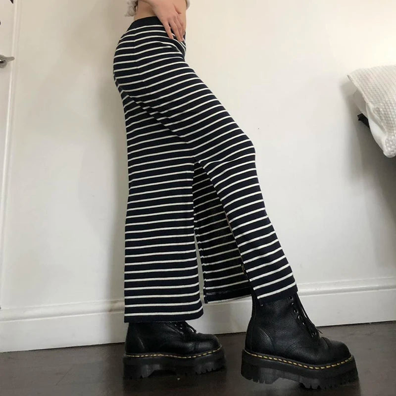 Strip Long Skirt Straight Bottom Slit Skirt