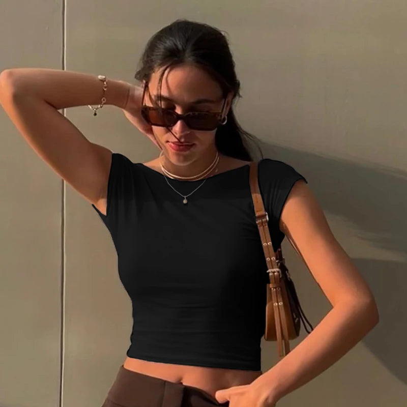Backless Black Top Tee Short Sleeves Slim Crewneck Crop Shirts