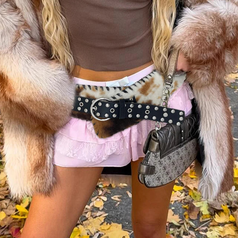 Cow Stripe Furry PU Belts Fairycore Grunge Leather Sashes Adjustable Accessories