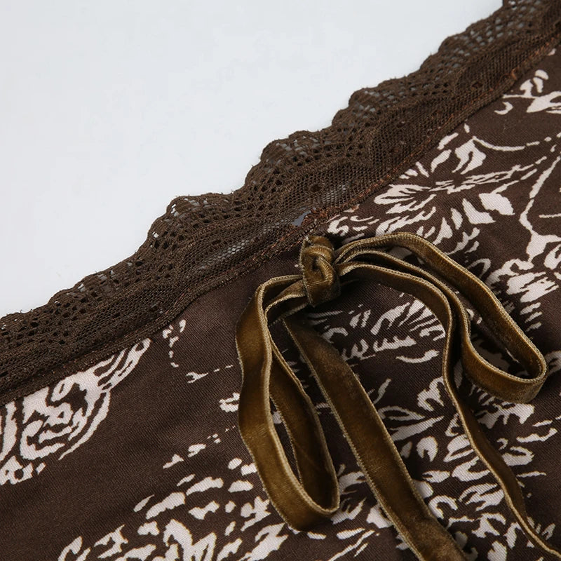 Floral Print Slim Top Tees Lace-up Brown ing Patchwork