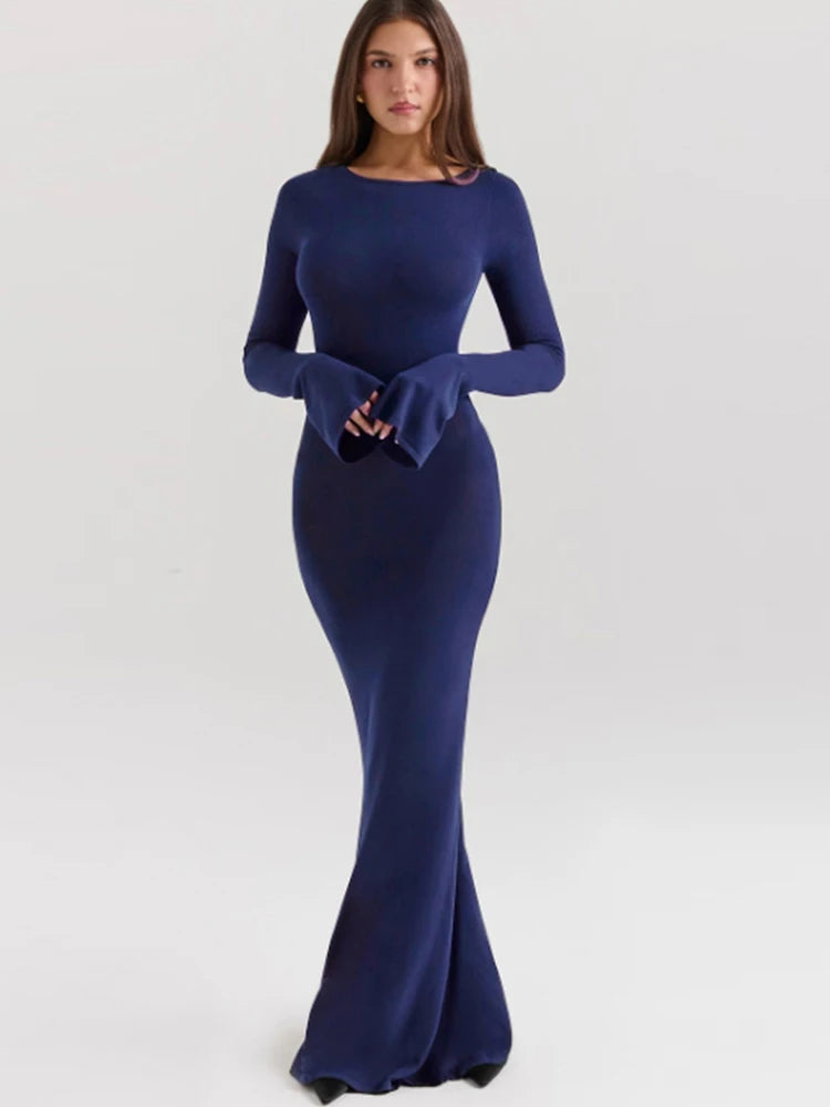 Irregular Hollow Dress o-Neck Flare Sleeve Stretch Robe Simple Long Bodycon