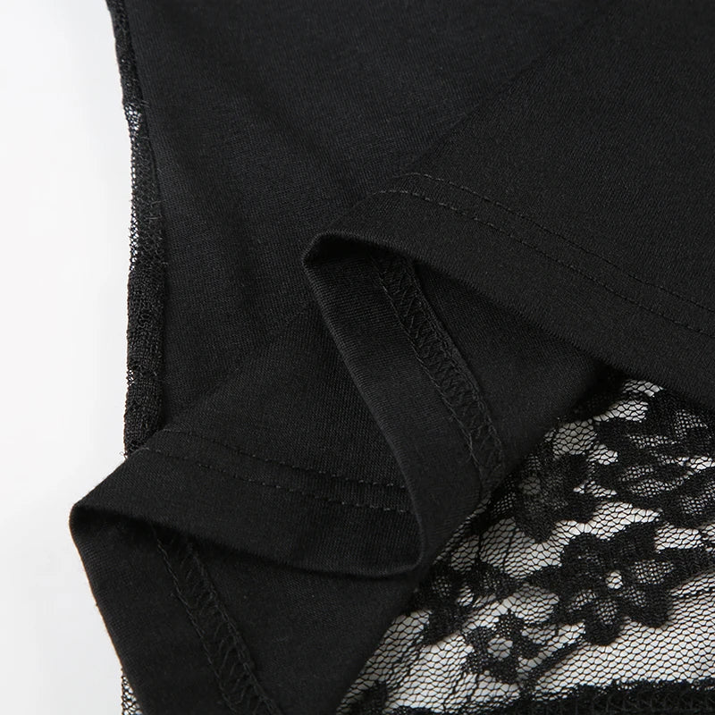 Crewneck Tee Shirts Lace Patchwork Slim Black Top