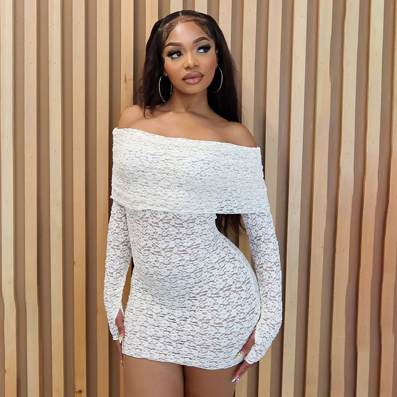 Off Shoulder Slah Neck Long Sleeve Meh Dress Hollow Out Wrap Dress