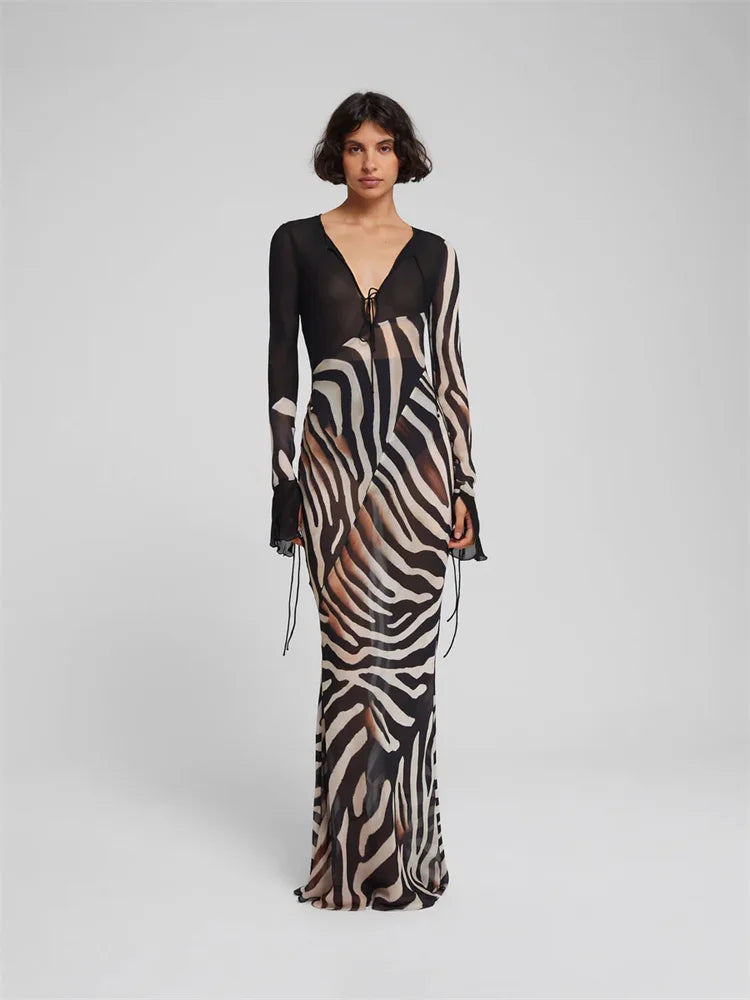 Transparent V-Neck Long Sleeve Dress High Waist Pullover Street Dress