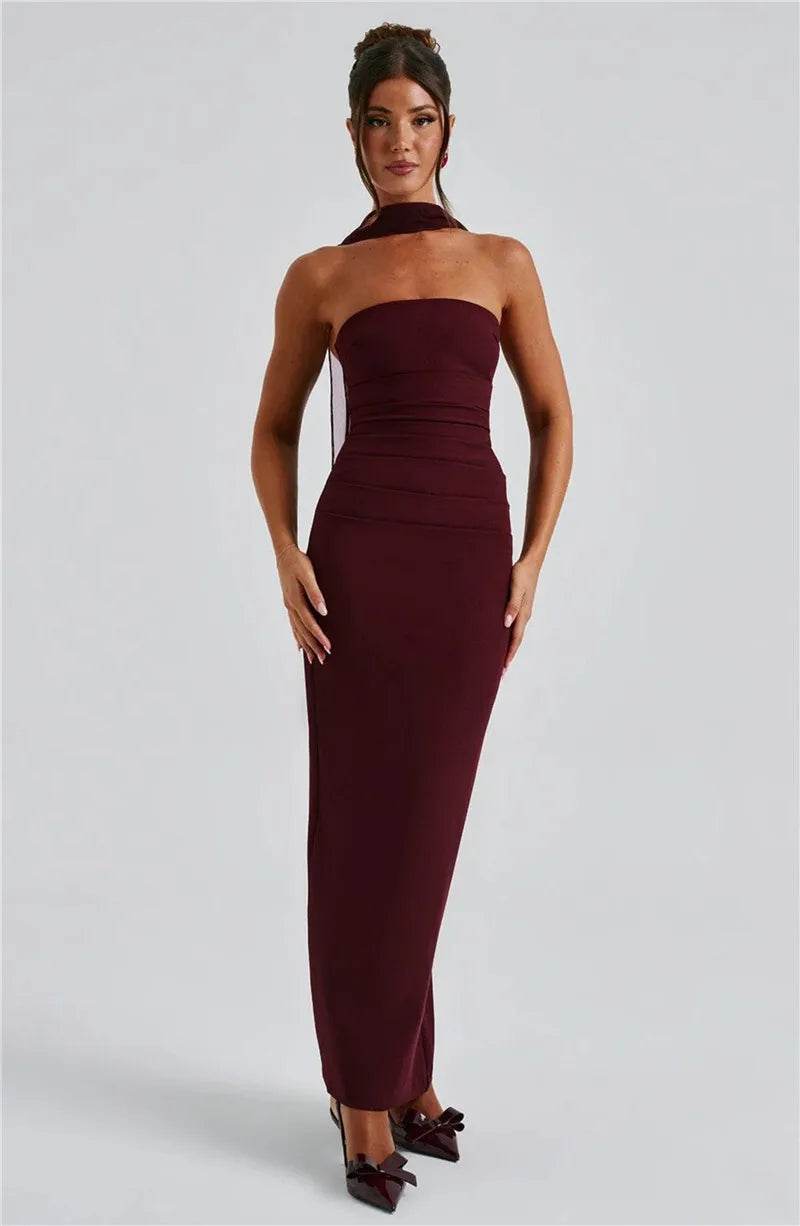 Scarf Collar Backless Bodycon Maxi Dress