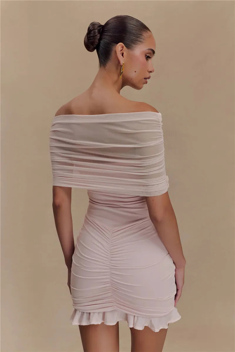Mesh Strapless Off-shoulder Ruffled Mini Dress Backless High Waist Ruched Dress