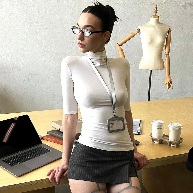 Spring And 'S Color High Neck Half-Sleeved Tight Slim al T-Shirt Top Commuter