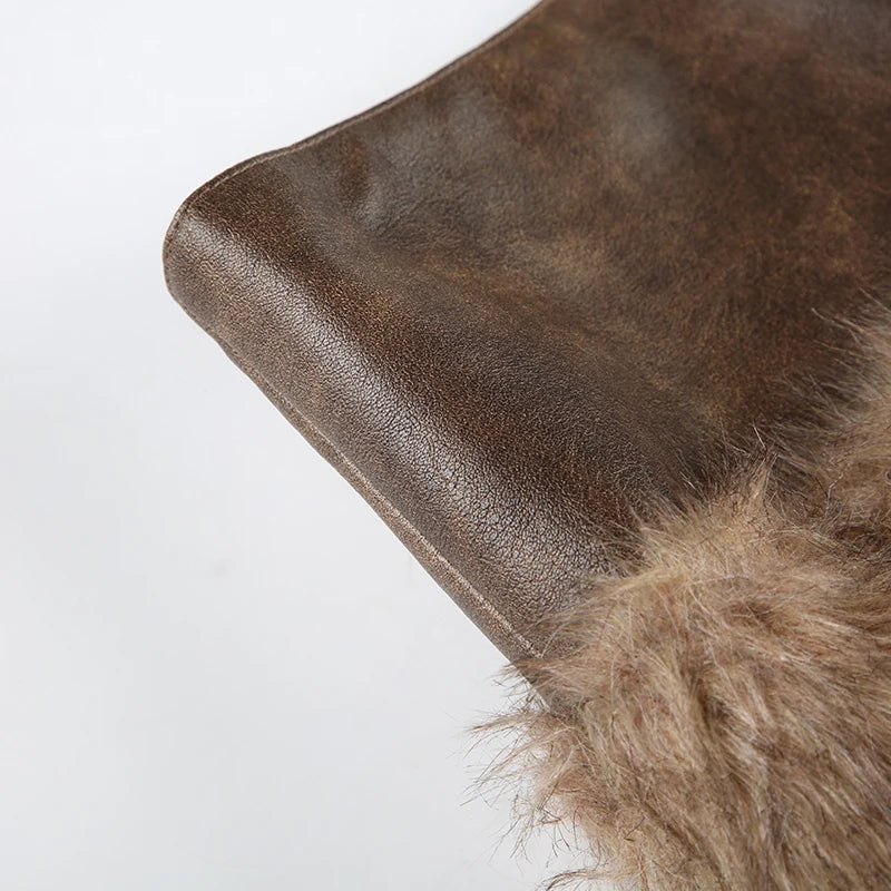 Brown Pu Leather Furry Mini Skirt