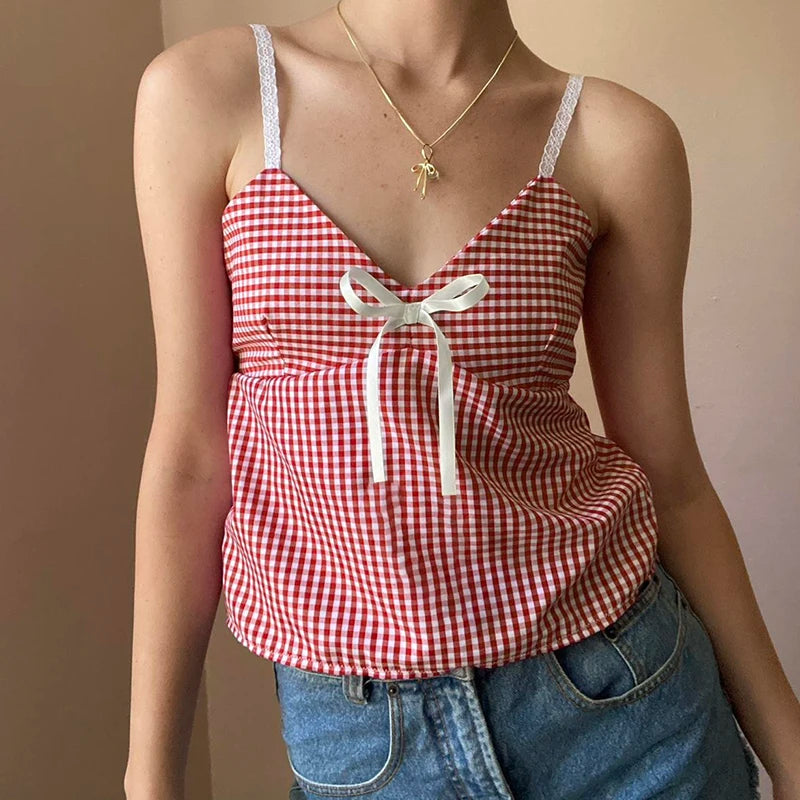 Plaid Print V-neck Camisole Bow Top Sleeveless