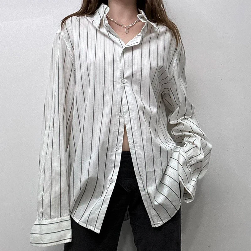 Striped Print Loose Shirt Single-breasted Oversized Blouses Turn-down Neck Top