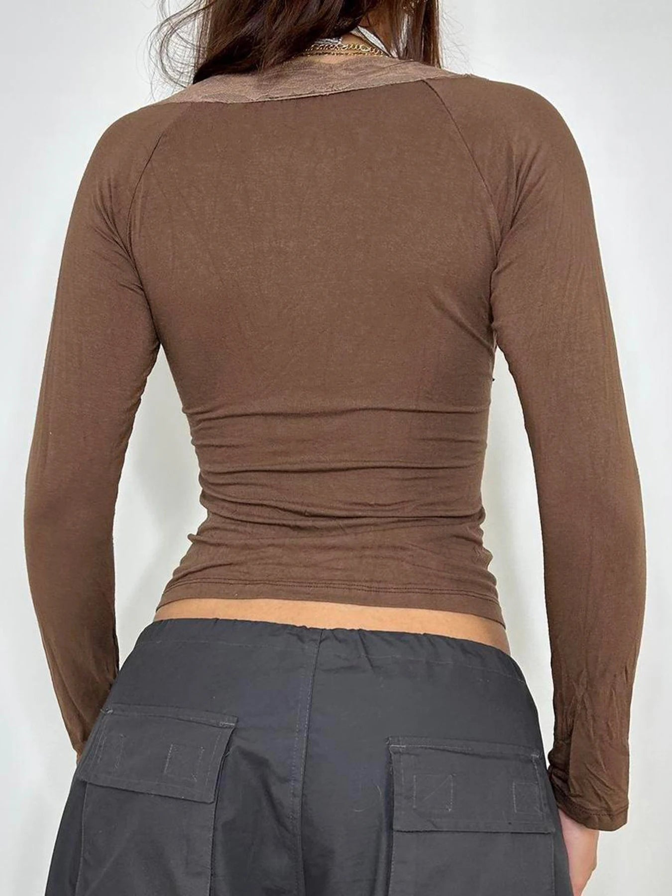Lace Patchwork Brown T-shirts Long Sleeves Retro Top Tee