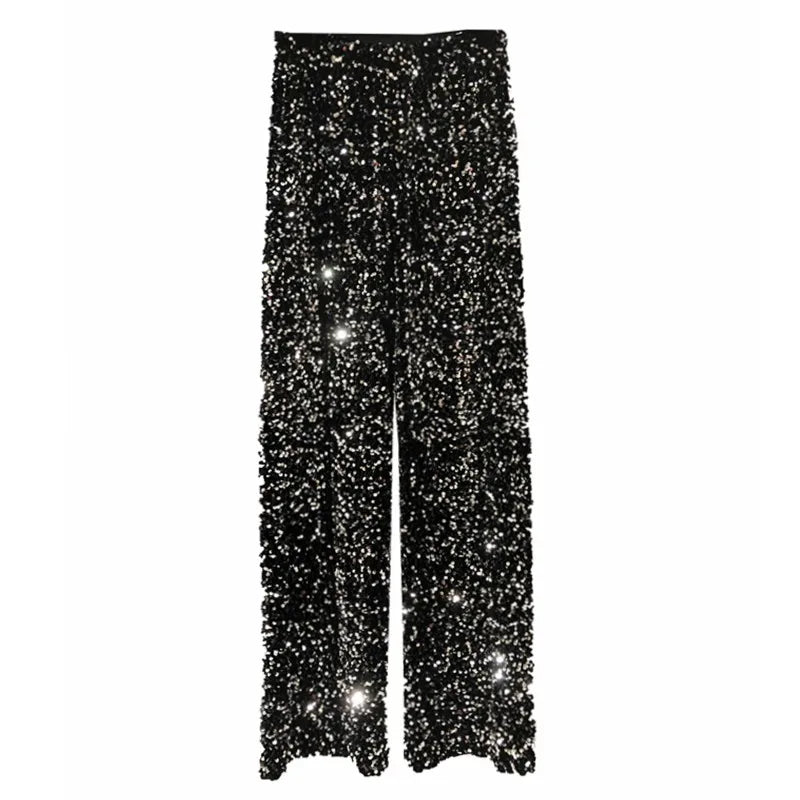 The Trendy Sparkling Gold Pants Relaxation of Tall Waist Wide-legged Pants South Korean