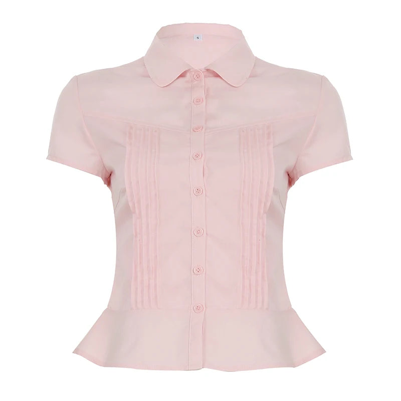 Turn-Down Collar Button-Up Corset Blouse 's Tee Shirt Short Sleeve Top