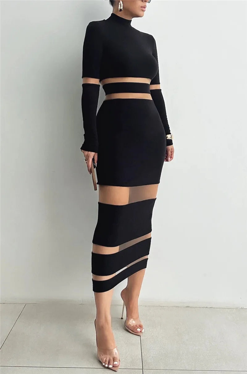 Patchwork Bodycon Midi Dress Turtleneck Long Sleeve Dress