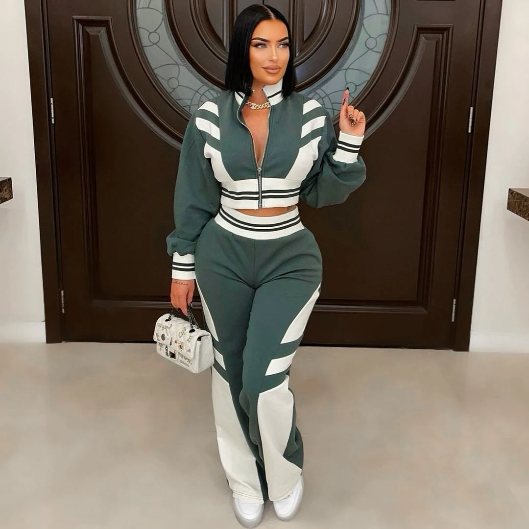 Clahing Splicing Lapel Zipper Set Long Sleeve Short Top Pant Sporty