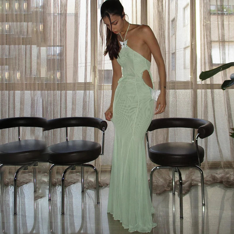 Butterfly Halter See Through Hollow Out Maxi Dress
