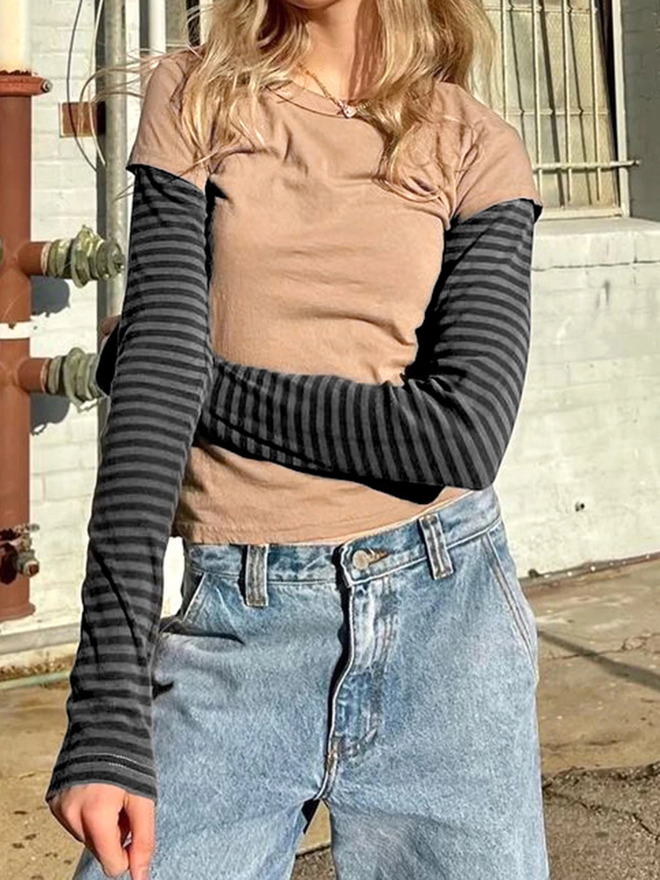 Patchwork Tshirts Crewneck Striped Top Tee
