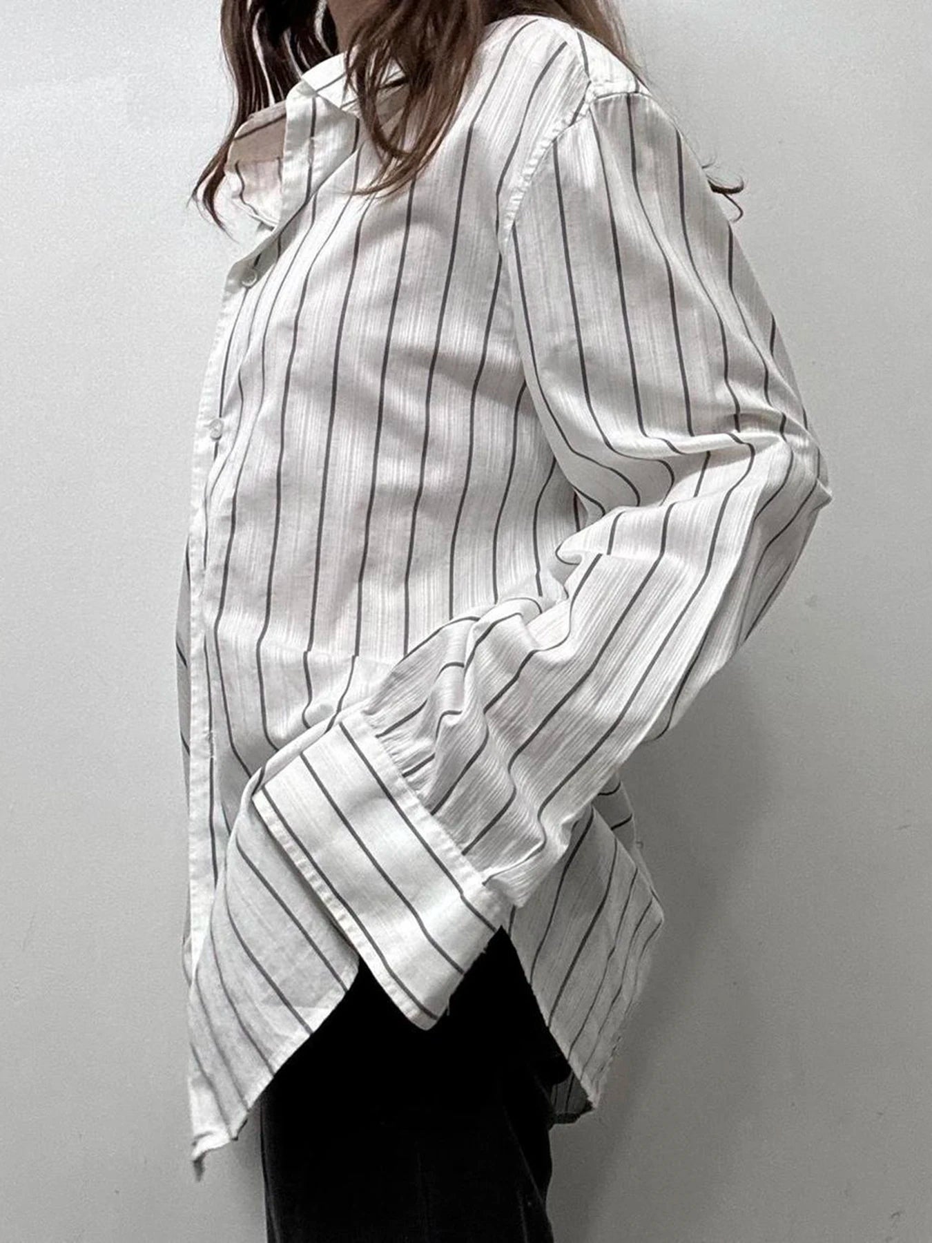 Striped Print Loose Shirt Single-breasted Oversized Blouses Turn-down Neck Top