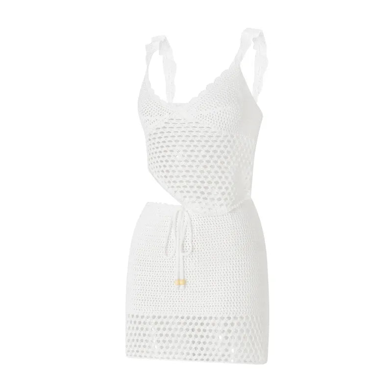 2 Piece Mini Skirt Set Off Shoulder Hollow Out Tube Top Bodycon Skirt Crochet Knit Short Skirt