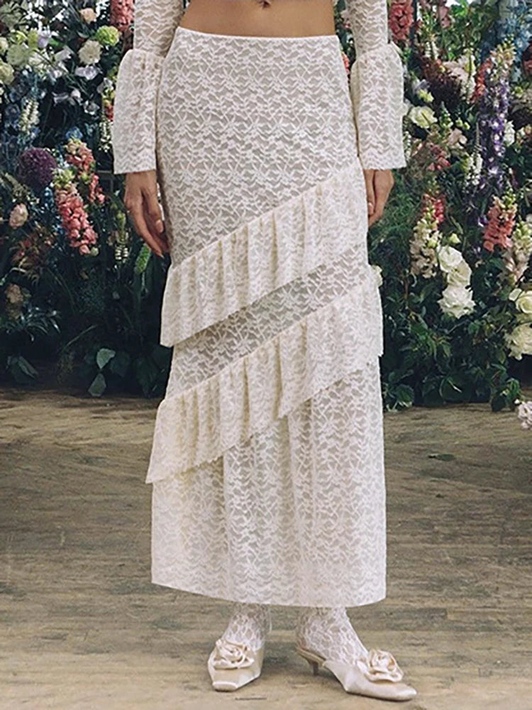 Transparent Lace Two Piece Sets Skirt Suit White Flare Sleeve T-shirt Long Skirt Skirt Set