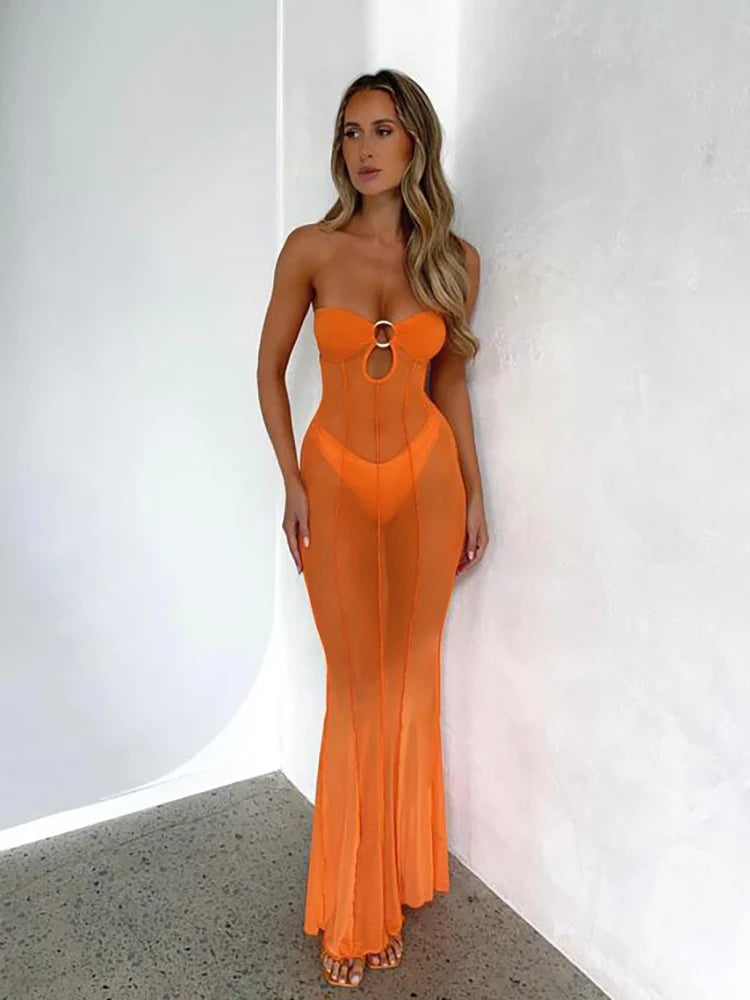 Mesh Patchwork See Through Maxi Dress Slim Coquette Strapless Fit