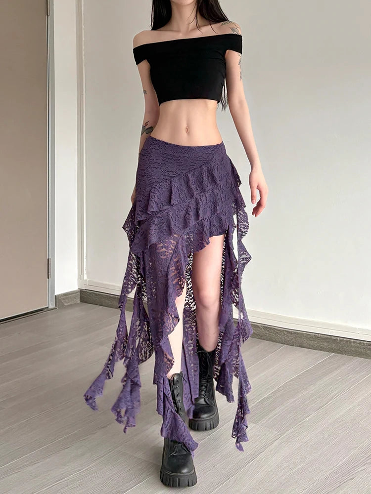 Irregular Ruffles Lace Patchwork Skirt