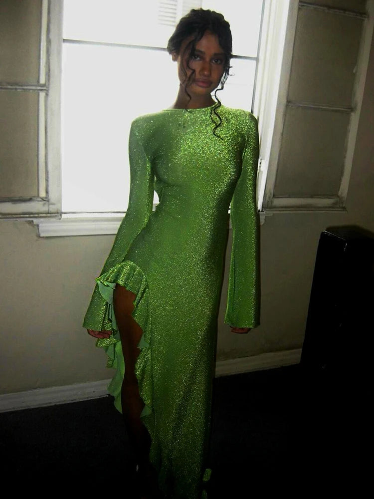 Backless Bright Silk Shiny Maxi Dress Green Long Sleeve Dress