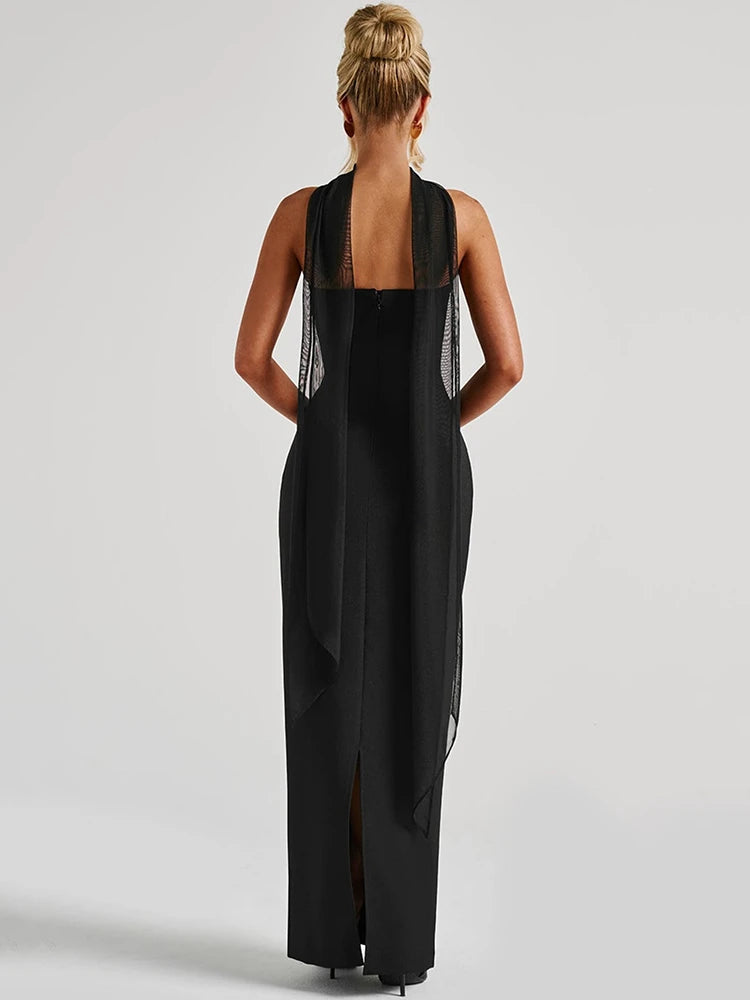 Scarf Collar Backless Bodycon Maxi Dress