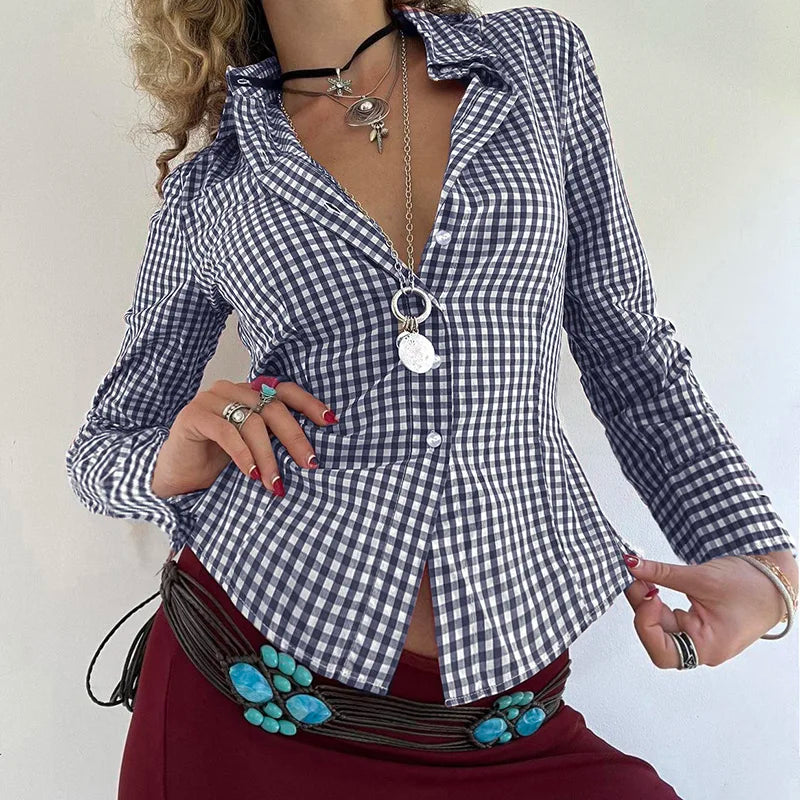 Plaid Button Up Bloue Turn-down Neck Shirt Top