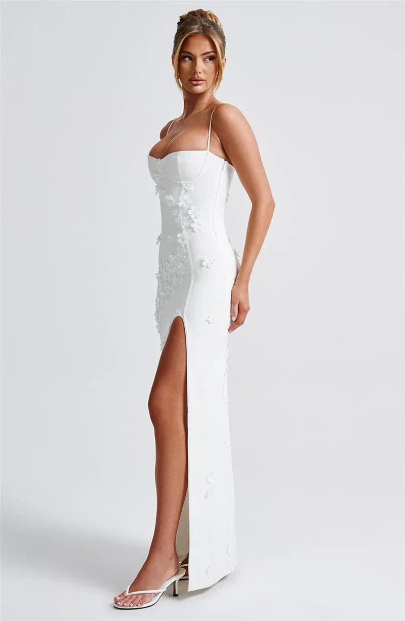 Flower Spaghetti Strap Maxi Dress Off-shoulder Backless Thigh High Split Evening Dress