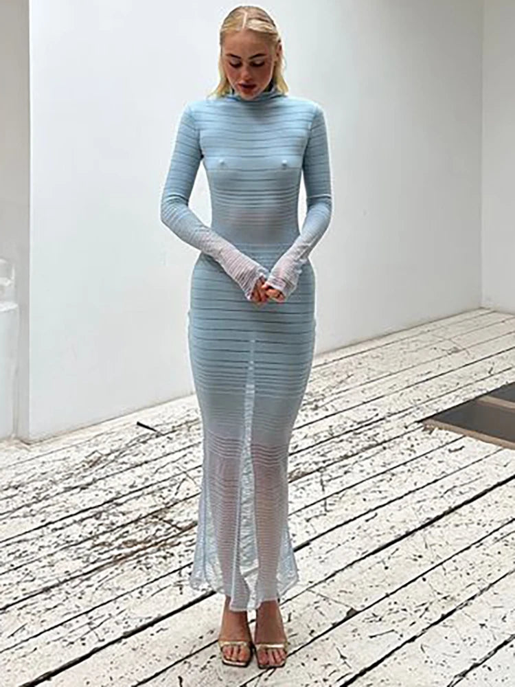 Knit See Through Maxi Dress Pink Turtleneck Long Sleeve Dress