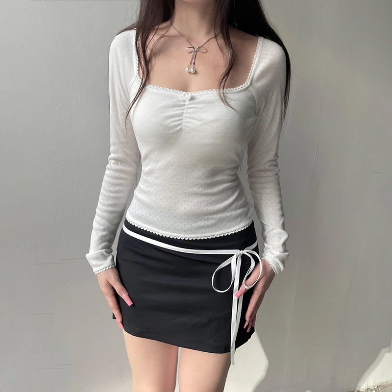 Square Collar Slim Folds Tee Shirts Long Sleeves s Lace Knitted Bow 's Top