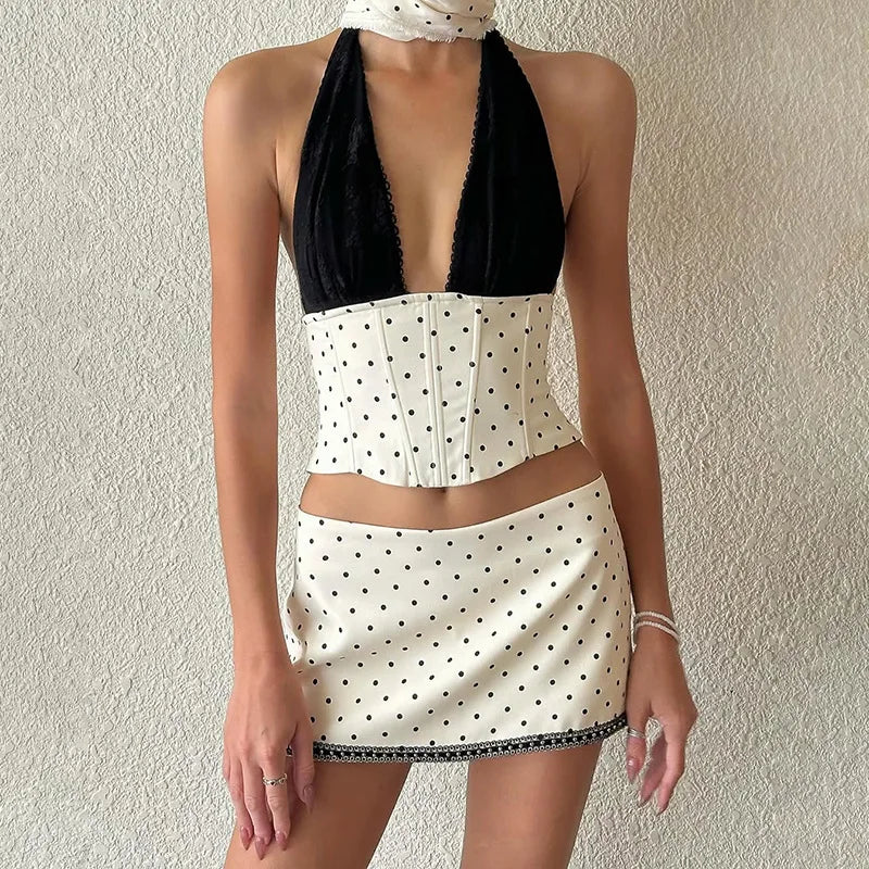 White Polka Dot Deep V-Neck Corset Top and Mini Skirt Set