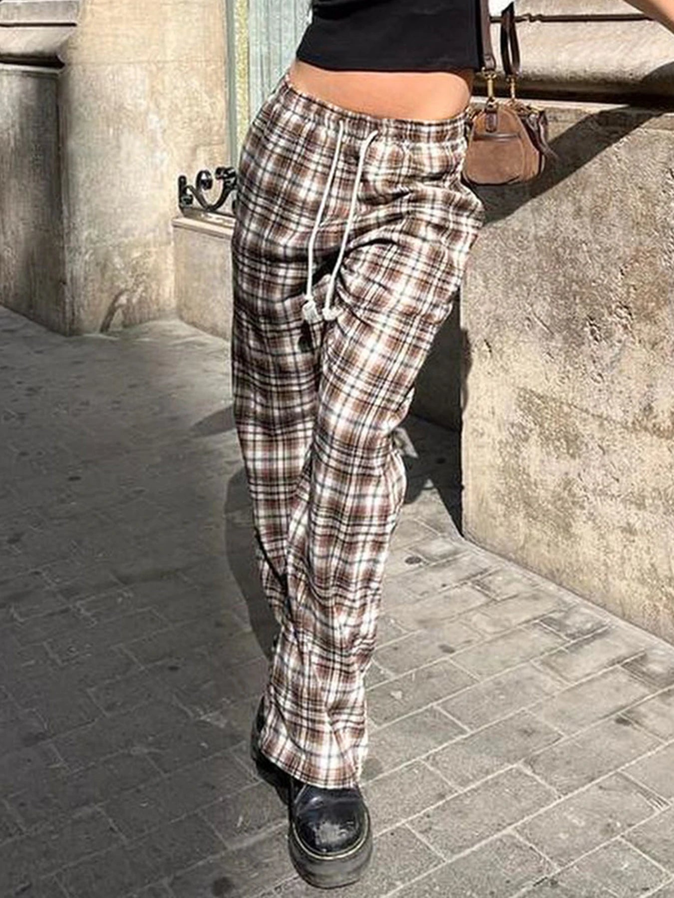 Drawstring Plaid Pants Elastic Waisted Sweatpants Straight Pants