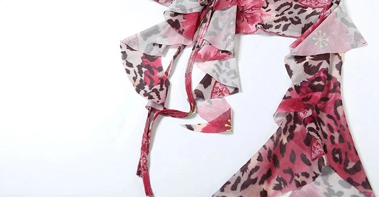 Flower Print Two Piece Set Halter Ruffles Low-Neck Backless Crop Top Skinny Panst Suits