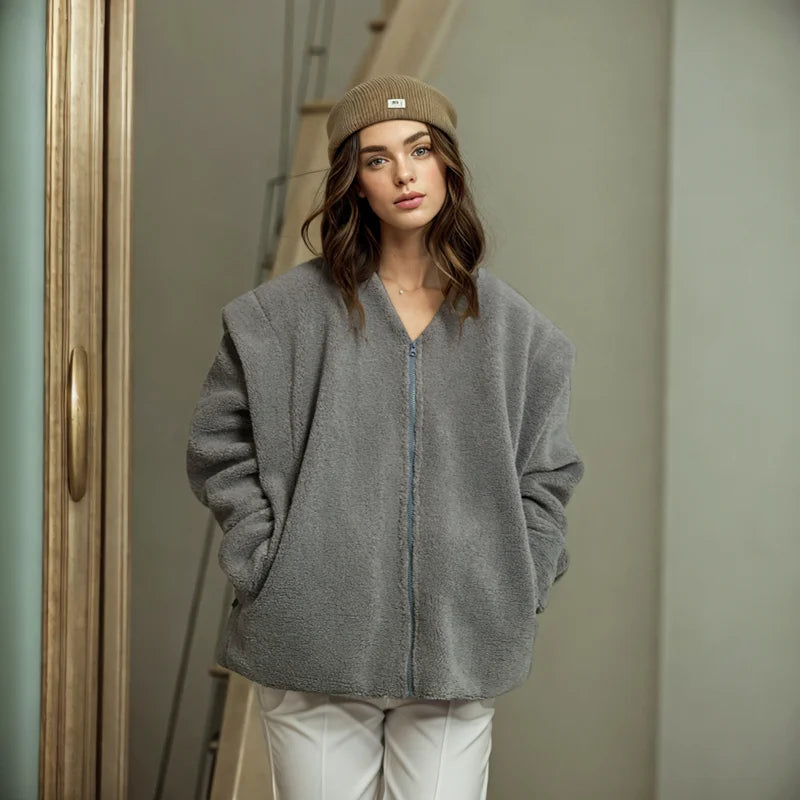 Jacket White Fleece Outer Zipper Cardigan Furry Thick Coat