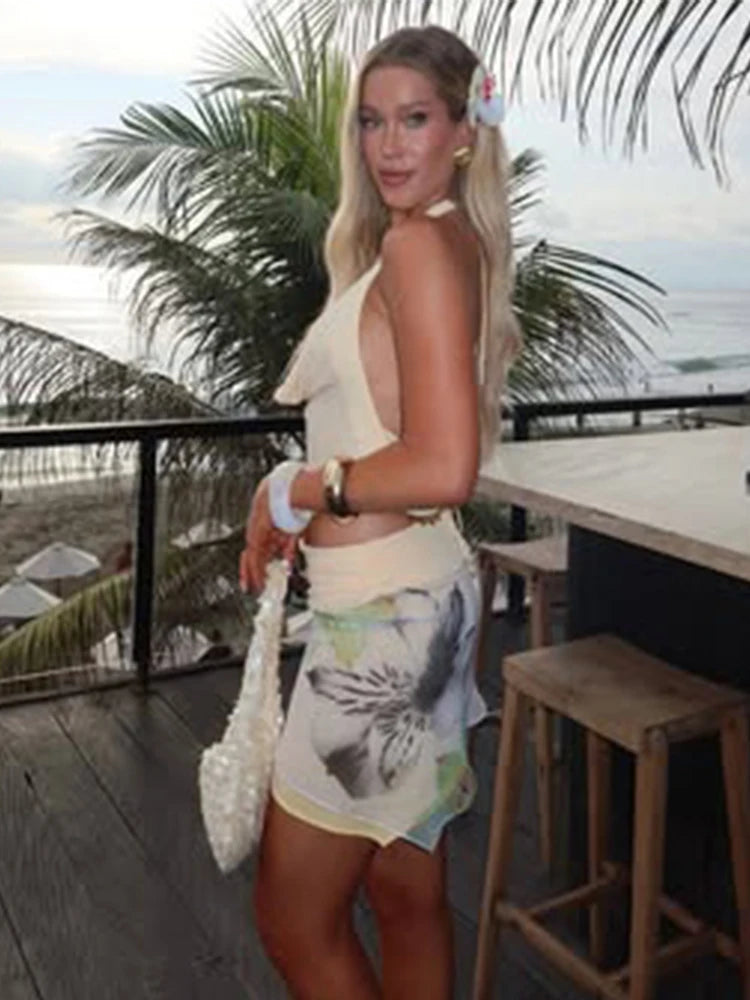 2-Piece Set Halter Backless Swing Collar Tank Top Wear Both Front And Back Patchwork Skirts Matching Suits