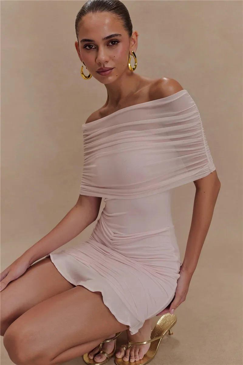 Mesh Strapless Off-shoulder Ruffled Mini Dress Backless High Waist Ruched Dress